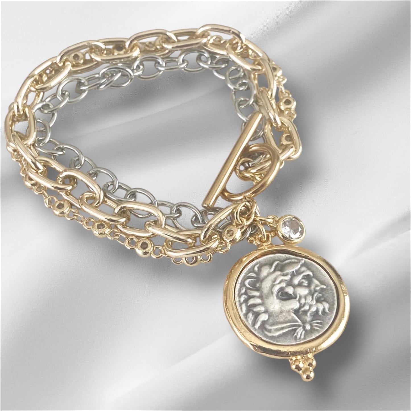 Triple Layer Greek Coin Bracelet, Horse Coin Charm, Mixed Metal Bracelet