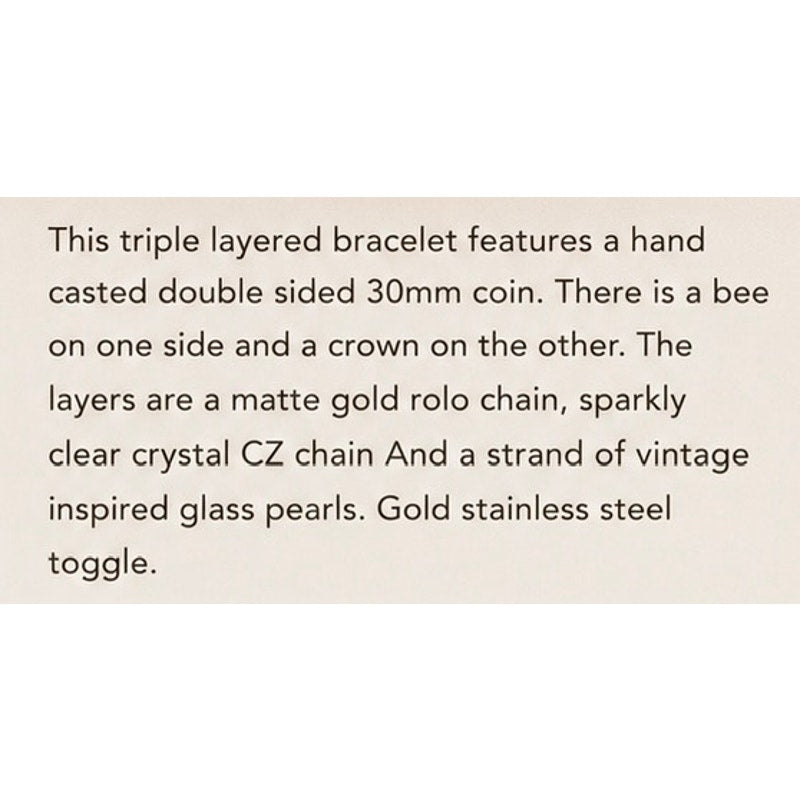 Bee Coin Triple Layered Bracelet | Vintage Pearl & Crystal | Boutique Statement