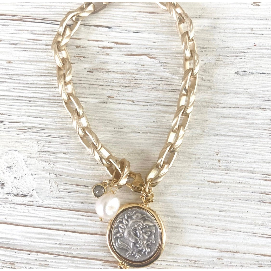 Equestrian Coin Anklet or Bracelet (adjustable) freshwater pearl, horse/greek