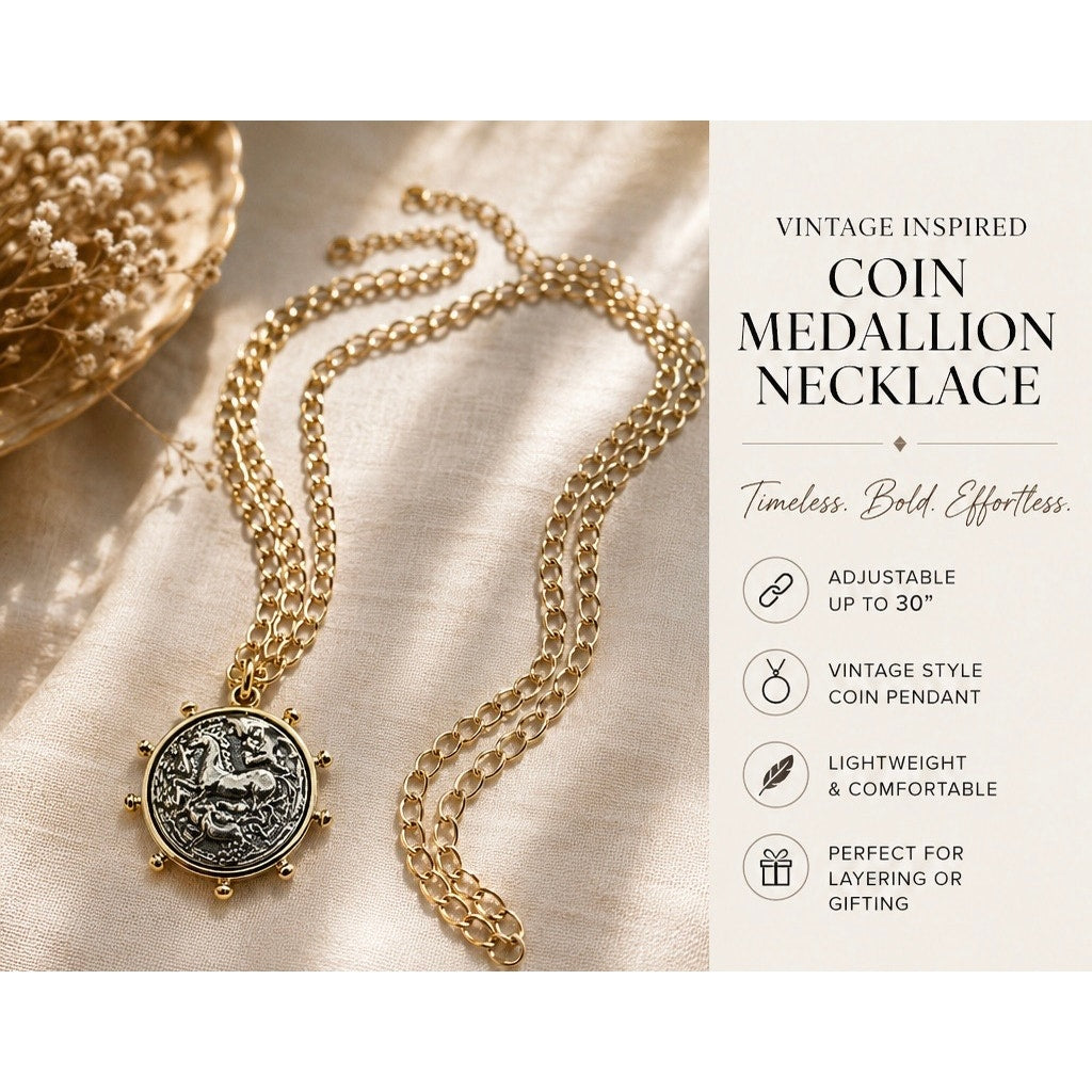 Equestrian Inspired Coin Pendant Necklace – 30” Adjustable Layering Chain