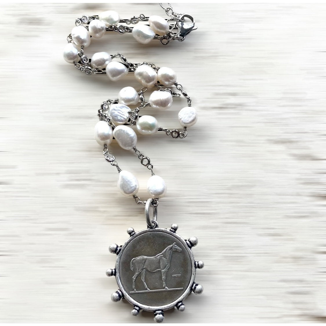 Freshwater Pearl Horse Coin Necklace, Equestrian Jewelry, Antique Silver French Coin Pendant, 17 Inch Chunky Pearl Necklace,Horse Lover Gift