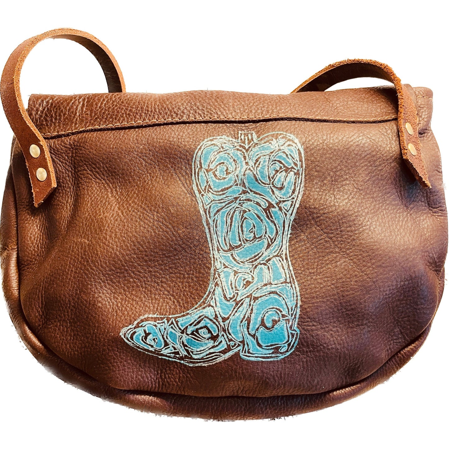 Leather crossbody handbag with painted floral cowboy boot in teal and silver. One of a kind with horse on front