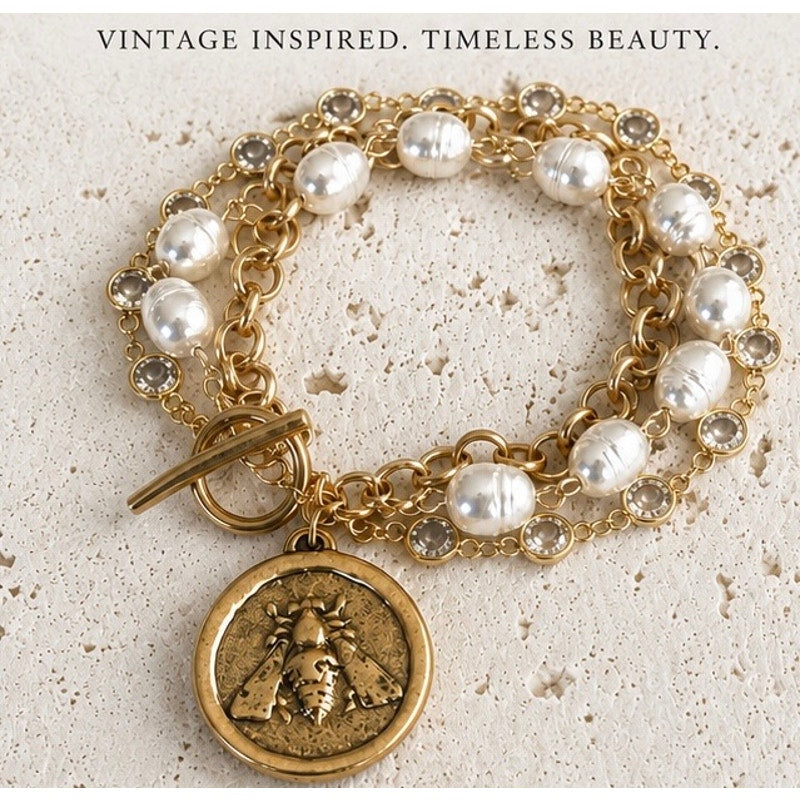 Bee Coin Triple Layered Bracelet | Vintage Pearl & Crystal | Boutique Statement
