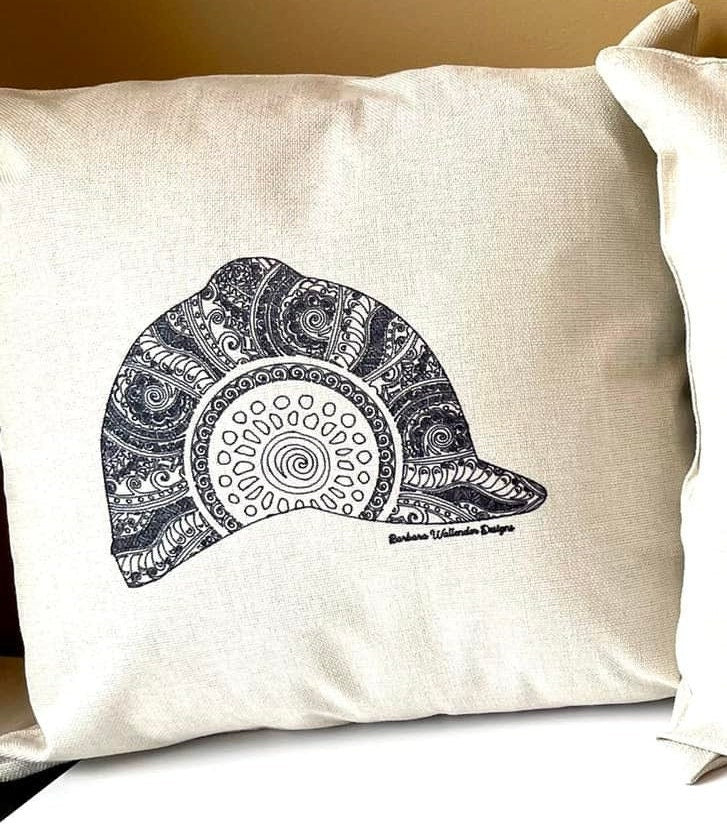 The More Leg Collection Throw Pillow features saddle, bit,irons, helmet, boots on beige linen look pillow. 16 x 16 cover only