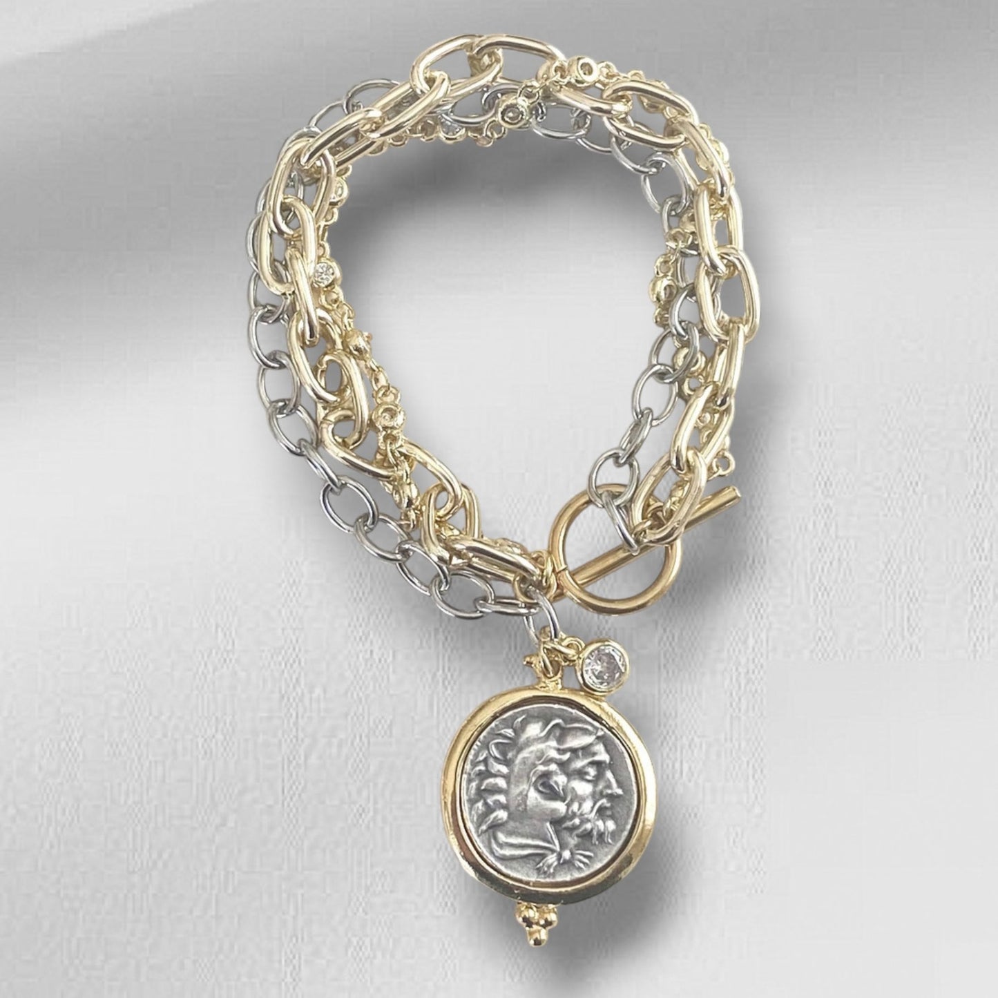 Triple Layer Greek Coin Bracelet, Horse Coin Charm, Mixed Metal Bracelet