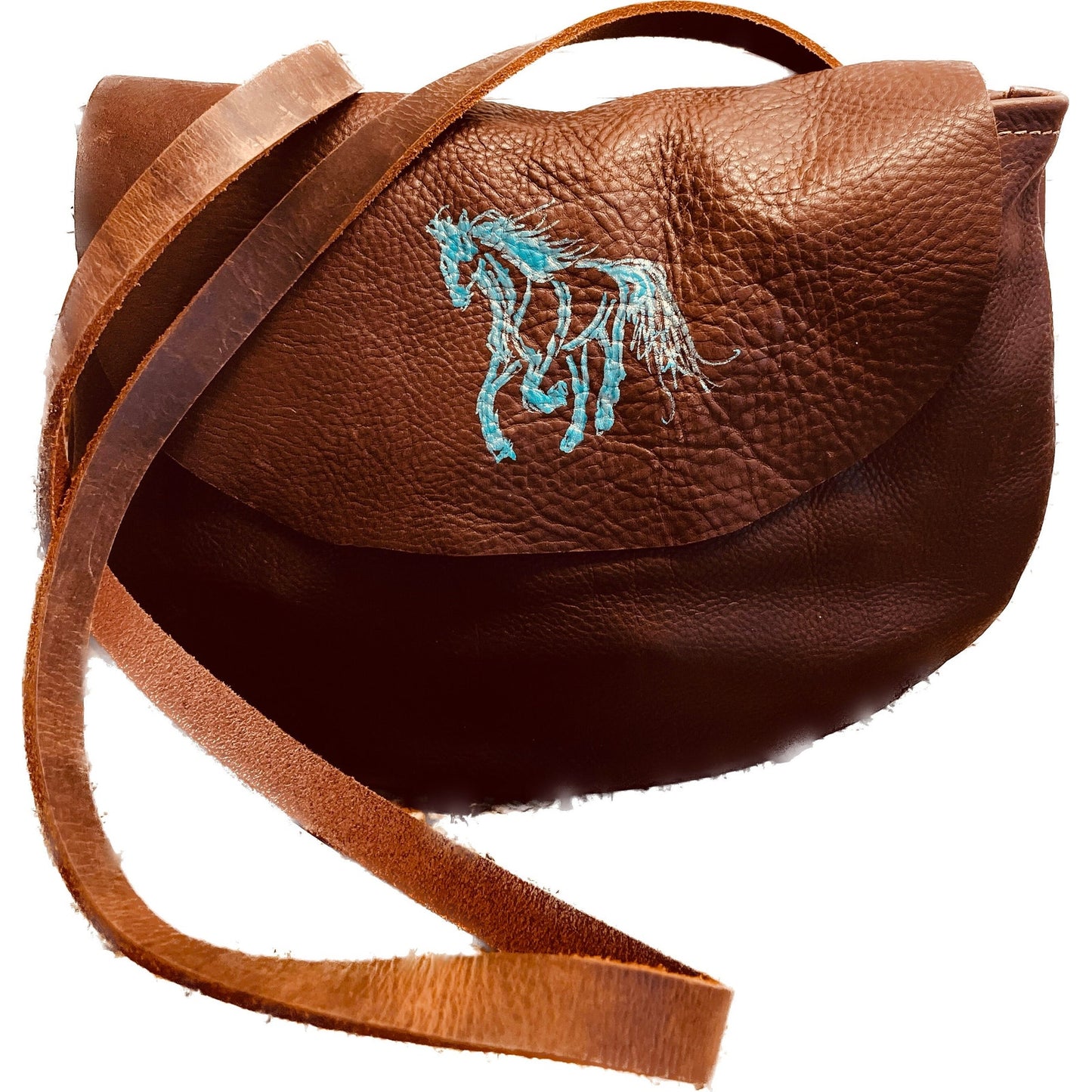 Leather crossbody handbag with painted floral cowboy boot in teal and silver. One of a kind with horse on front