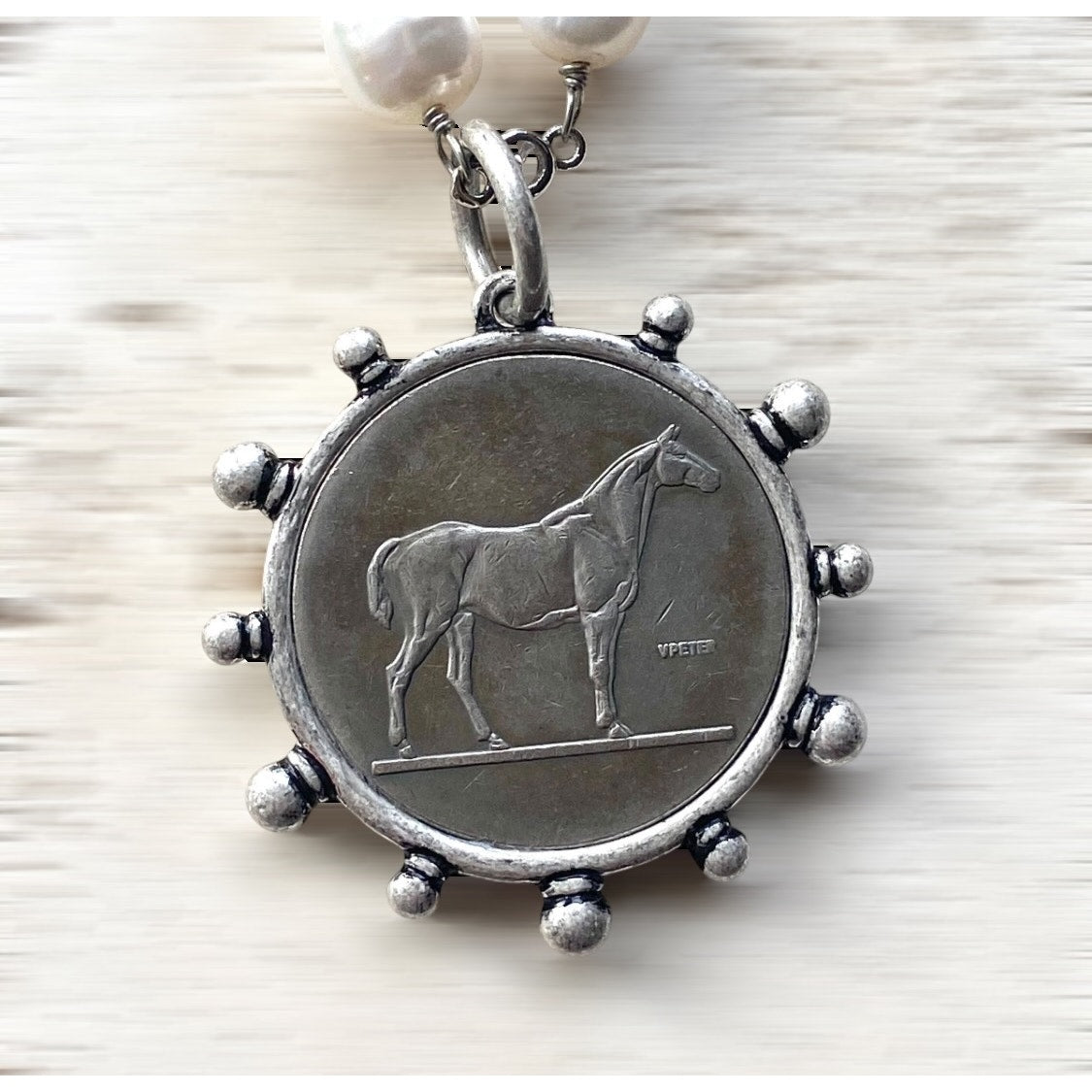 Freshwater Pearl Horse Coin Necklace, Equestrian Jewelry, Antique Silver French Coin Pendant, 17 Inch Chunky Pearl Necklace,Horse Lover Gift