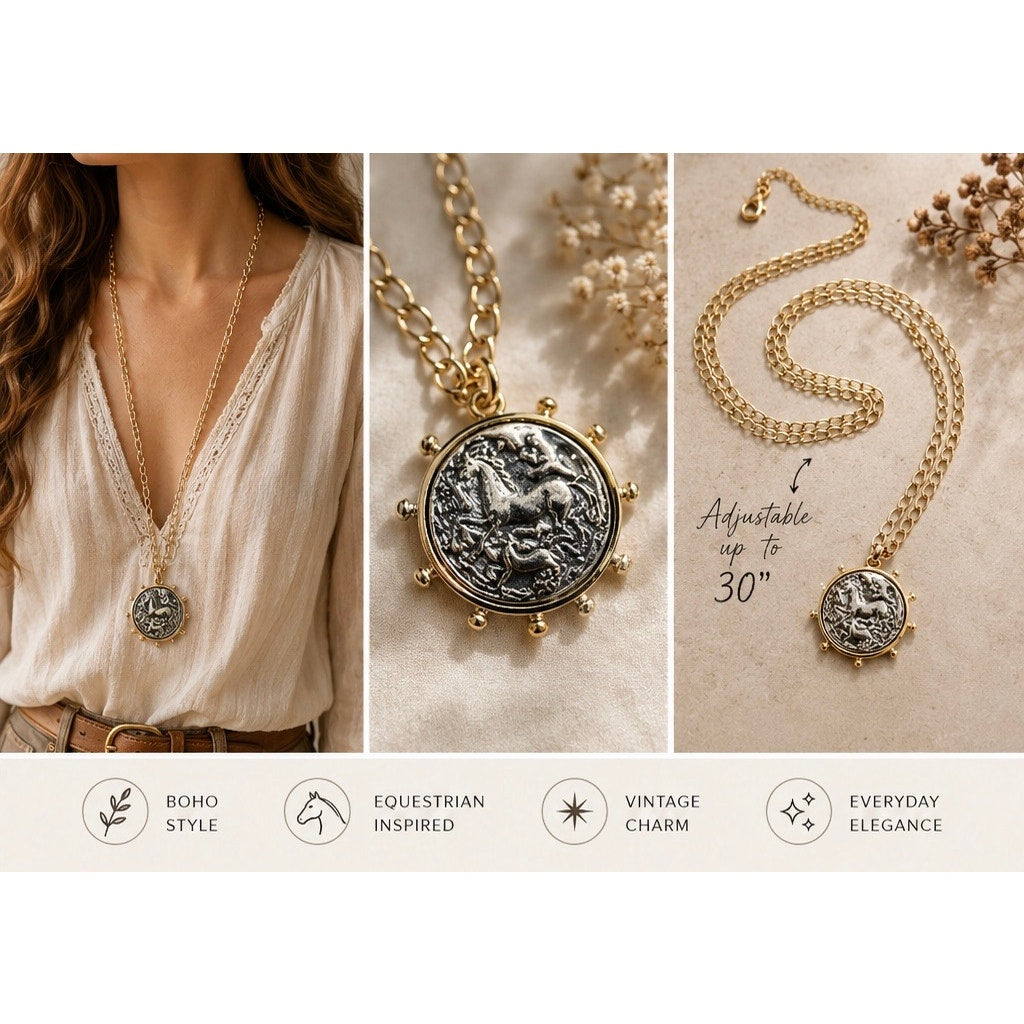 Equestrian Inspired Coin Pendant Necklace – 30” Adjustable Layering Chain