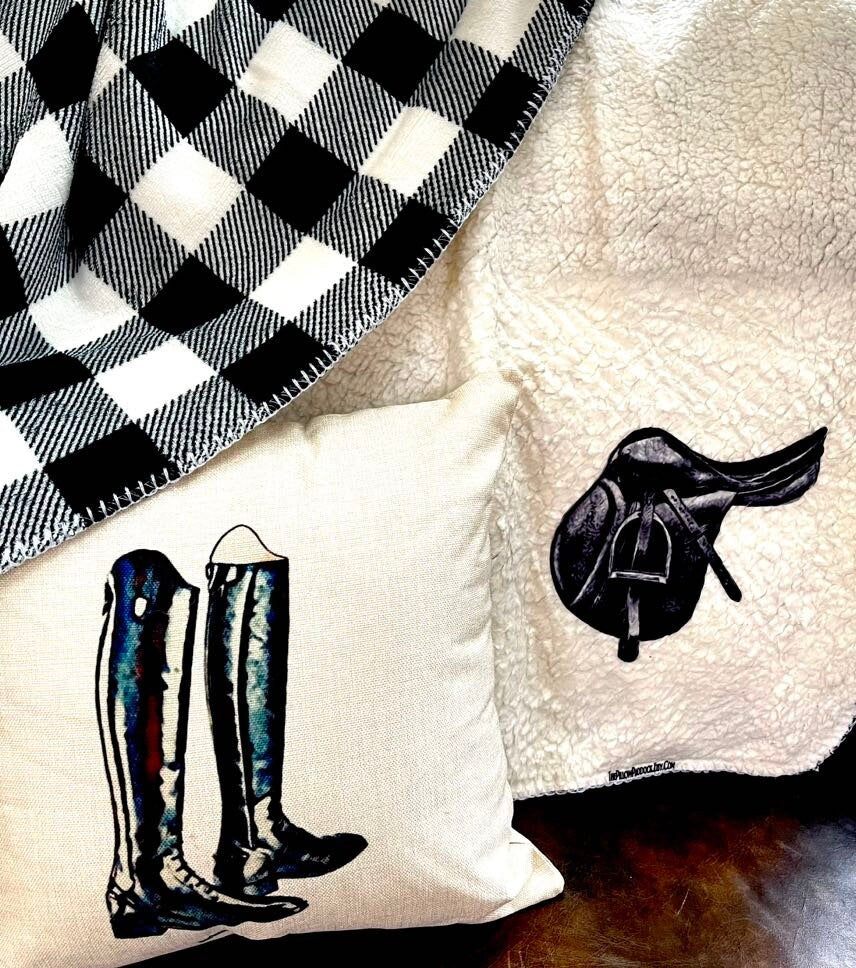 Black and white Buffalo checkered horse lovers throw blanket in velour and fleece for all equestrians. Custom 50 x 60 western,English,ranch.