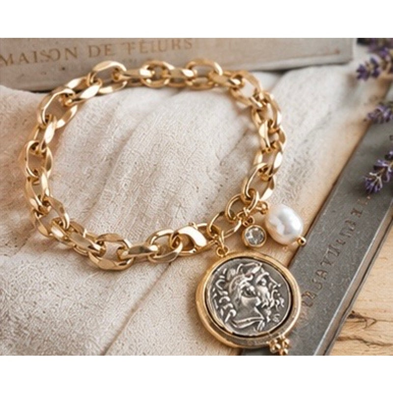 Equestrian Coin Anklet or Bracelet (adjustable) freshwater pearl, horse/greek