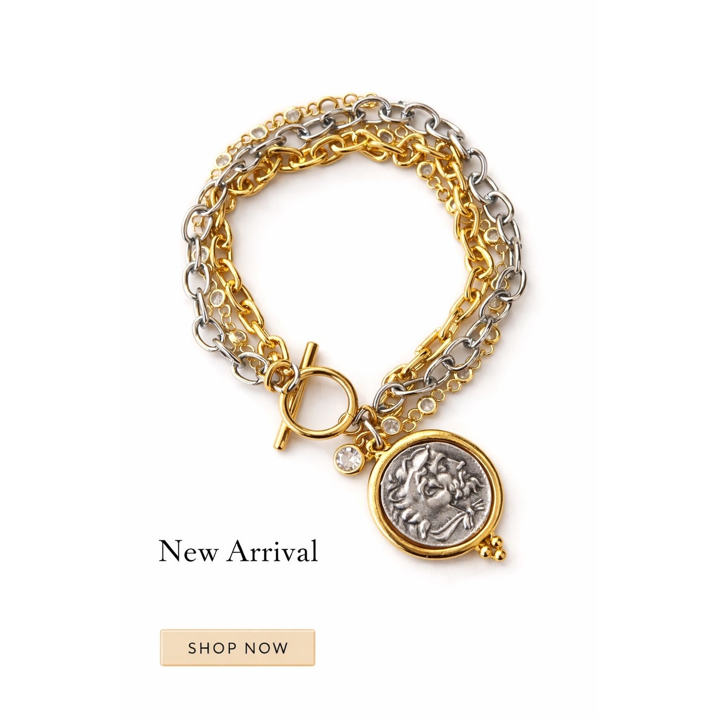 Triple Layer Greek Coin Bracelet, Horse Coin Charm, Mixed Metal Bracelet