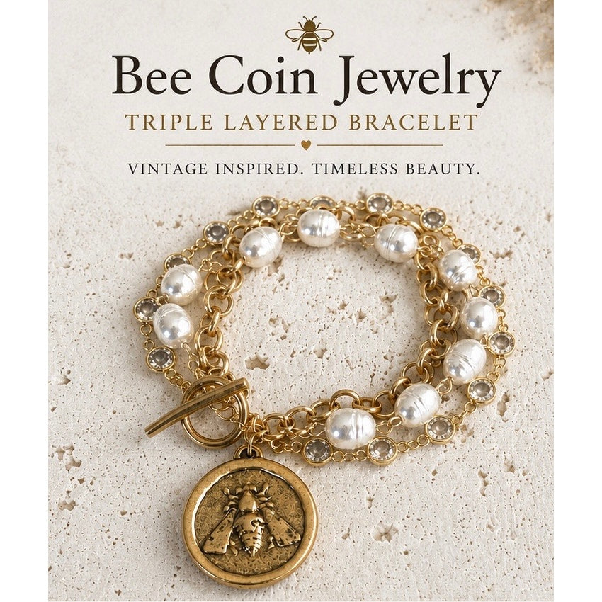 Bee Coin Triple Layered Bracelet | Vintage Pearl & Crystal | Boutique Statement