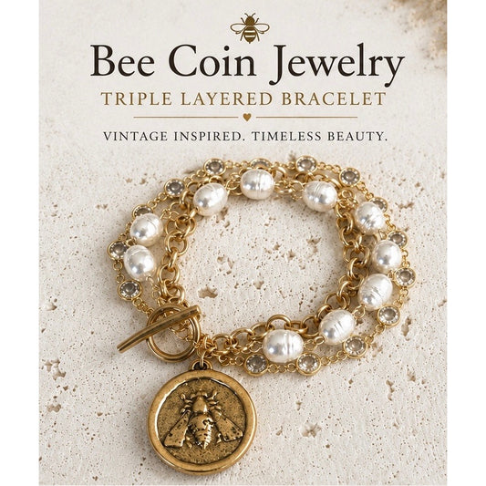 Bee Coin Triple Layered Bracelet | Vintage Pearl & Crystal | Boutique Statement