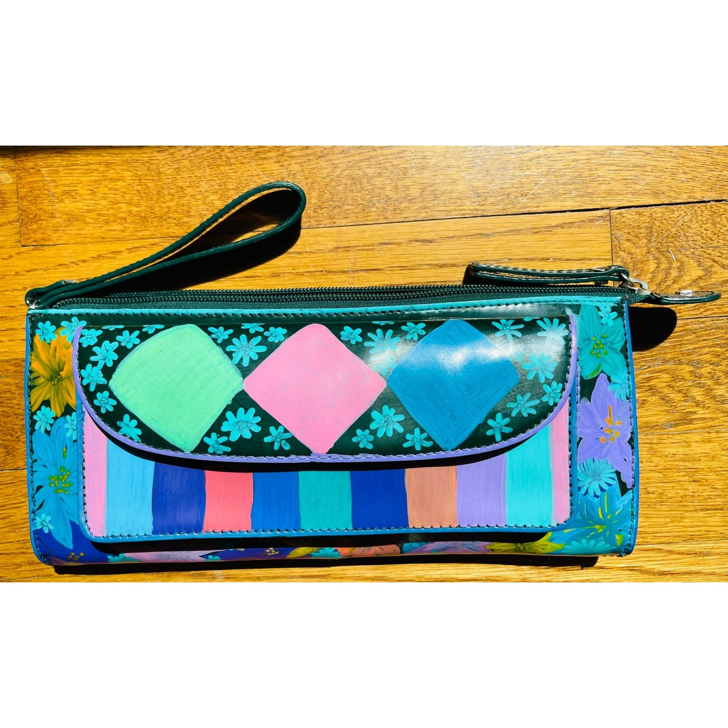Talbots Genuine Leather heather green clutch hand painted one of a kind.