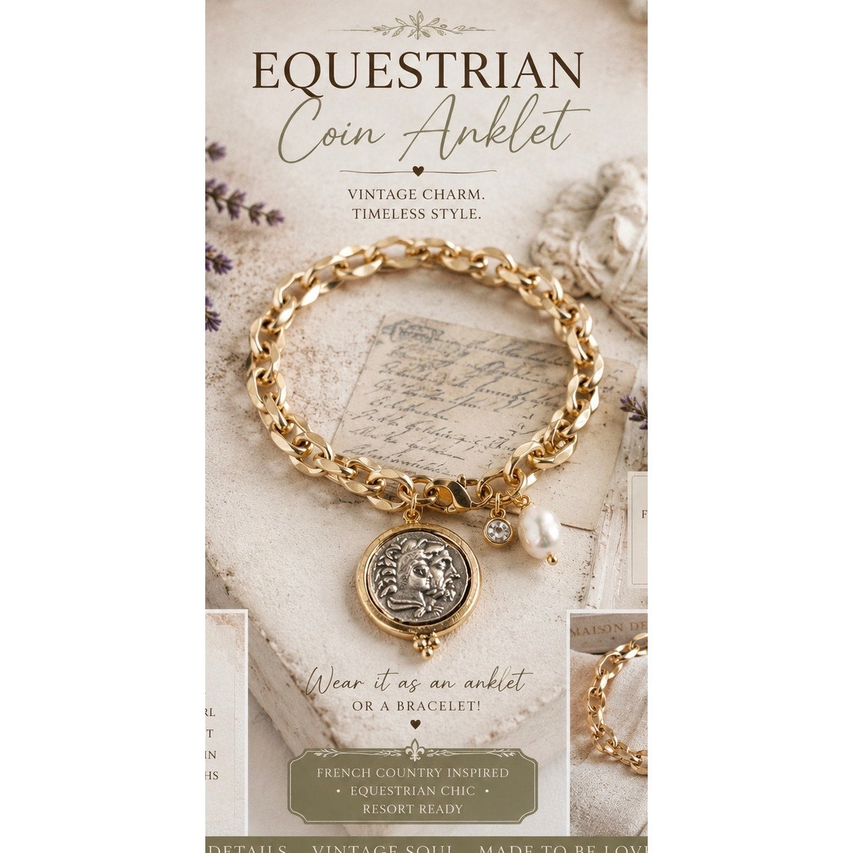 Equestrian Coin Anklet or Bracelet (adjustable) freshwater pearl, horse/greek