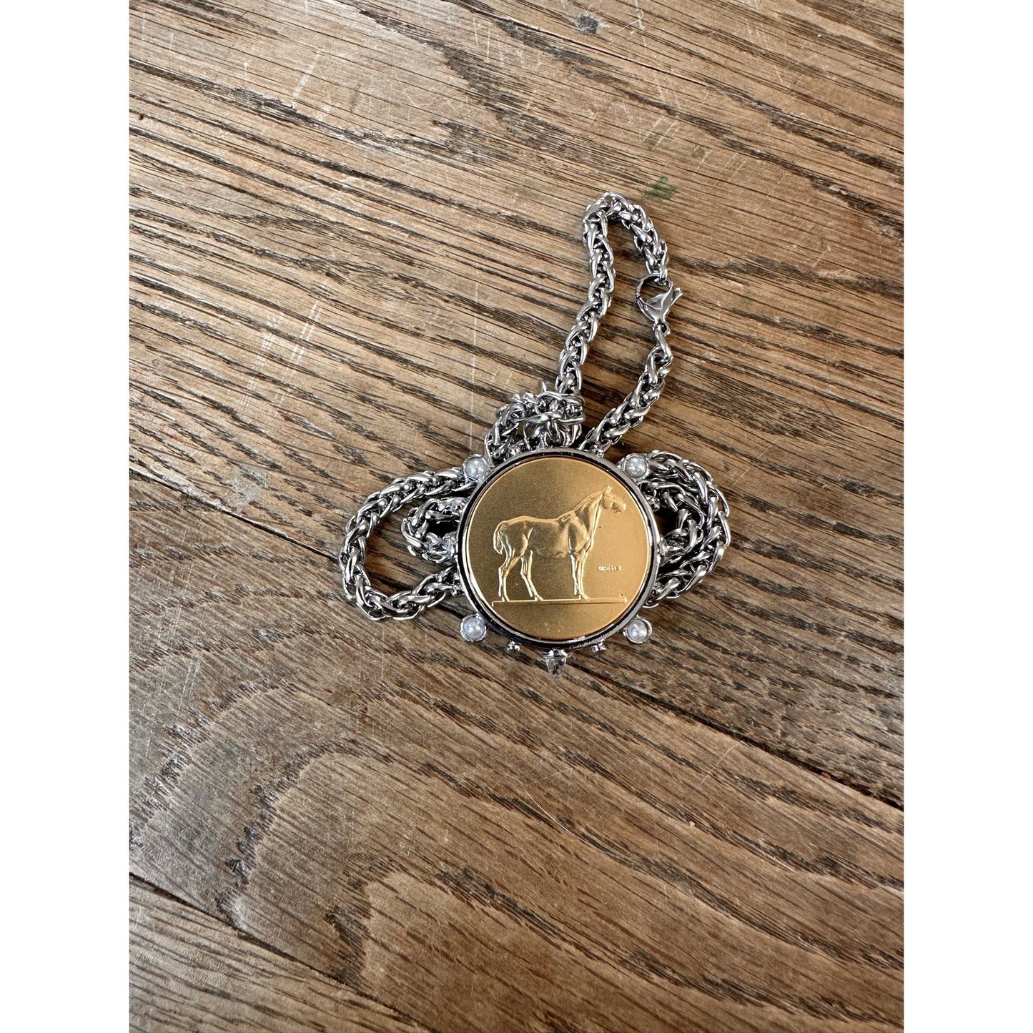 Equestrian Horse Coin Medallion Necklace, French Style
