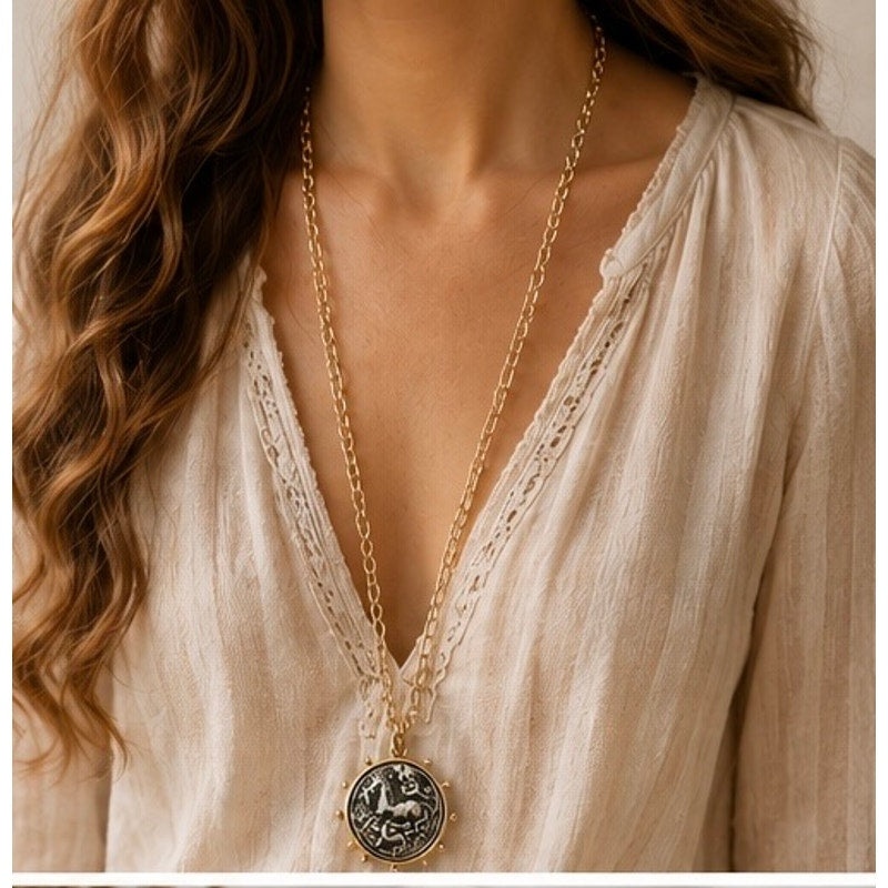 Equestrian Inspired Coin Pendant Necklace – 30” Adjustable Layering Chain
