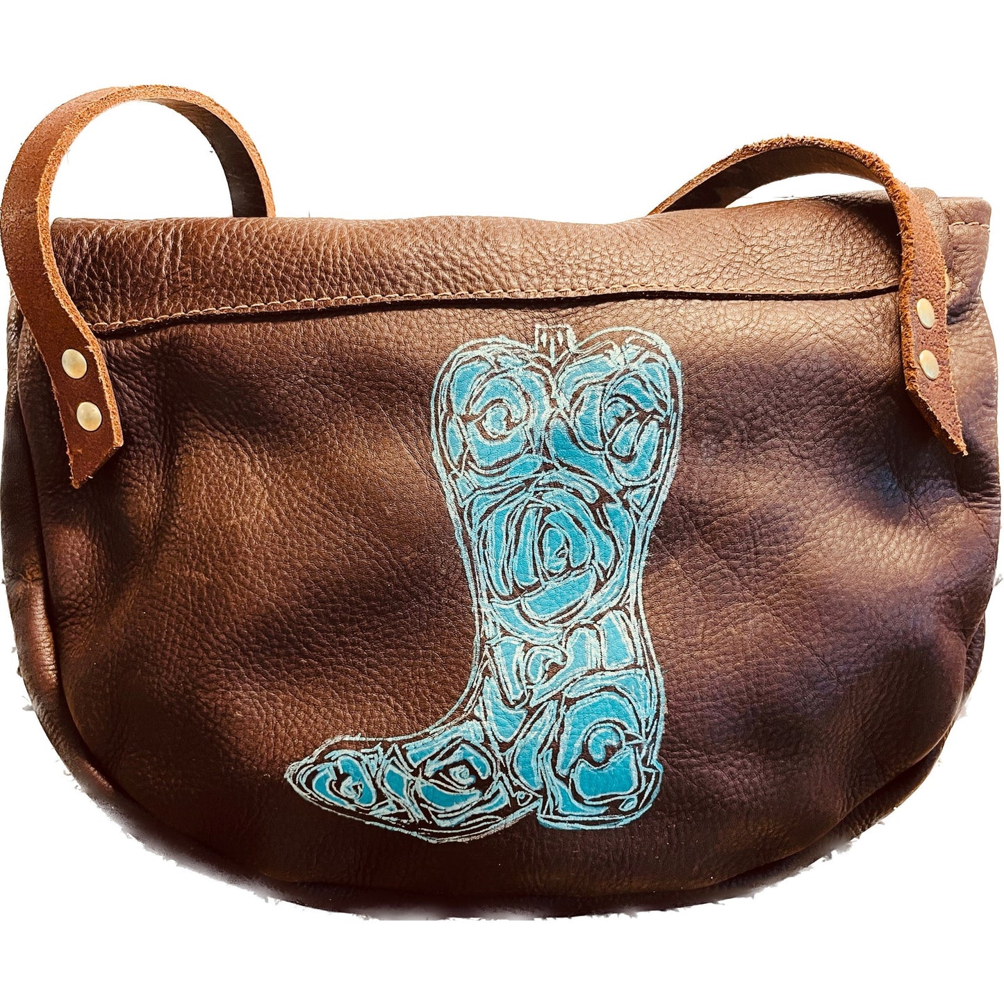 Leather crossbody handbag with painted floral cowboy boot in teal and silver. One of a kind with horse on front