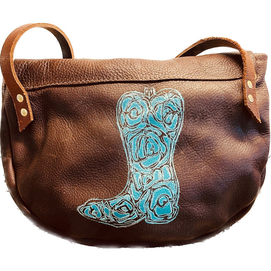 Leather crossbody handbag with painted floral cowboy boot in teal and silver. One of a kind with horse on front