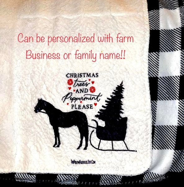 Black and white Buffalo checkered horse lovers throw blanket in velour and fleece for all equestrians. Custom 50 x 60 western,English,ranch.