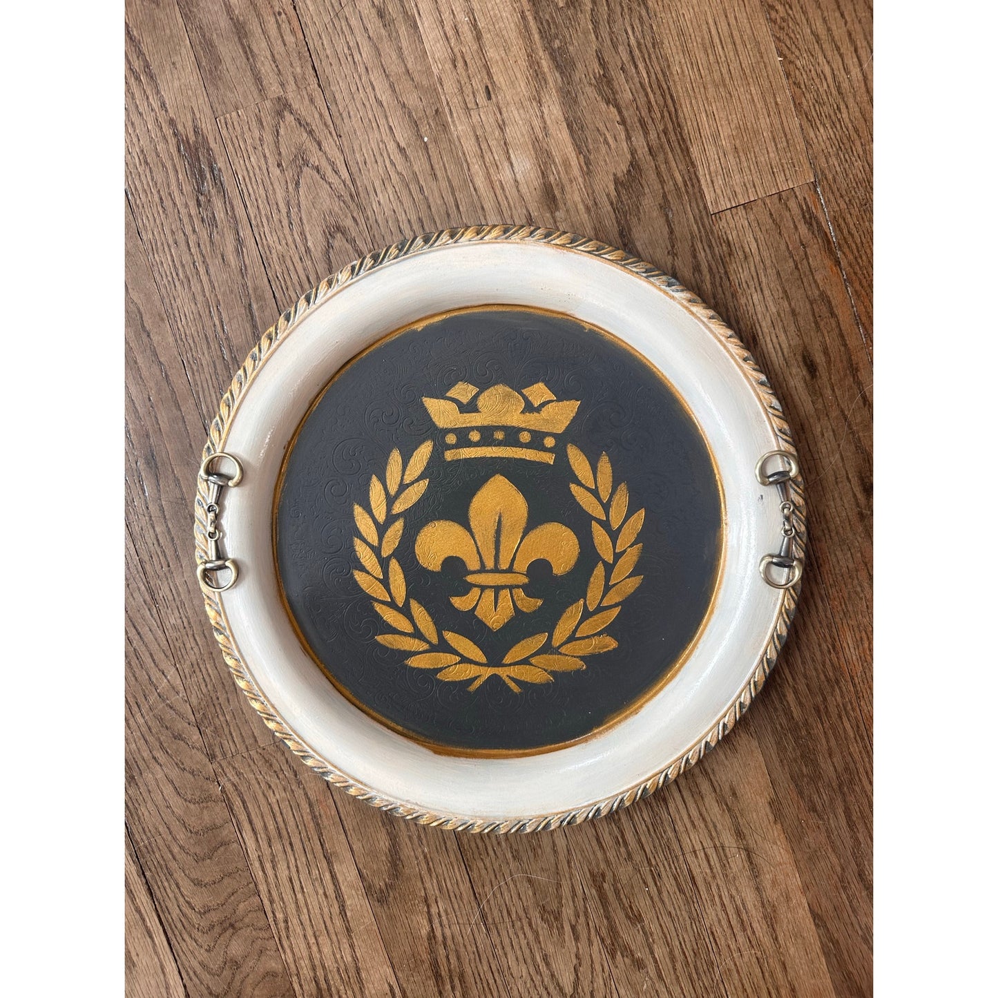 Upstyled Silver Serving Tray w/ Gunmetal Snaffle Bit Handles – Hand Painted Fleur-de-Lis | Equestrian Decor