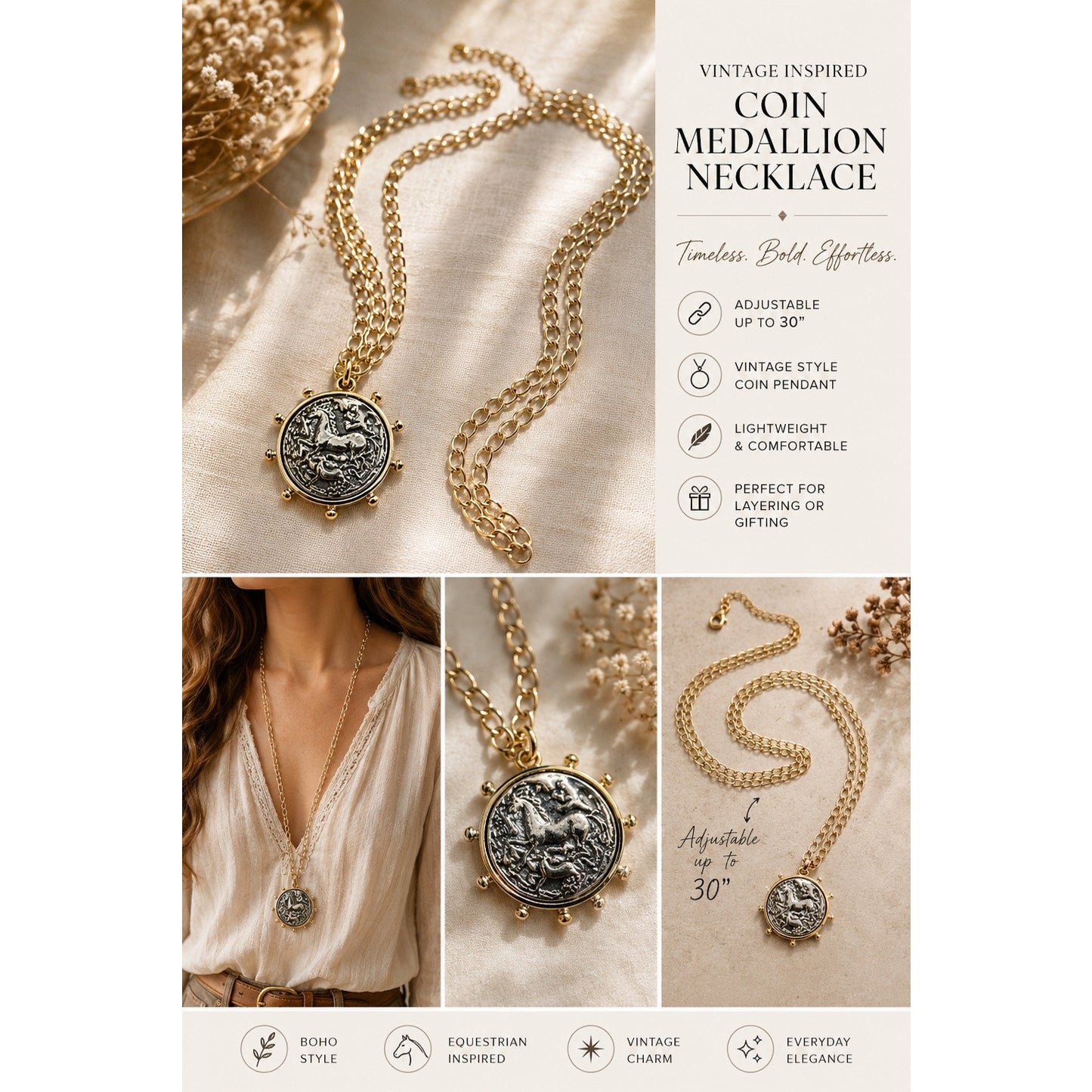 Equestrian Inspired Coin Pendant Necklace – 30” Adjustable Layering Chain