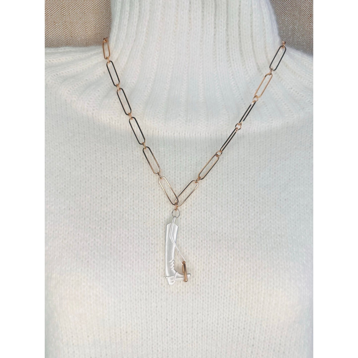 Silver and gold 22”(adjustable) equestrian boot and stirrup pendant