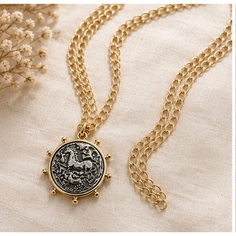 Equestrian Inspired Coin Pendant Necklace – 30” Adjustable Layering Chain