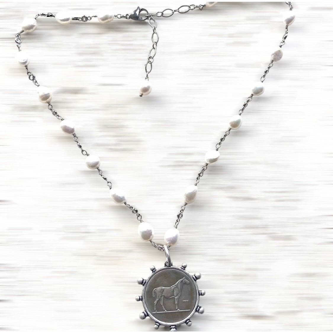 Freshwater Pearl Horse Coin Necklace, Equestrian Jewelry, Antique Silver French Coin Pendant, 17 Inch Chunky Pearl Necklace,Horse Lover Gift