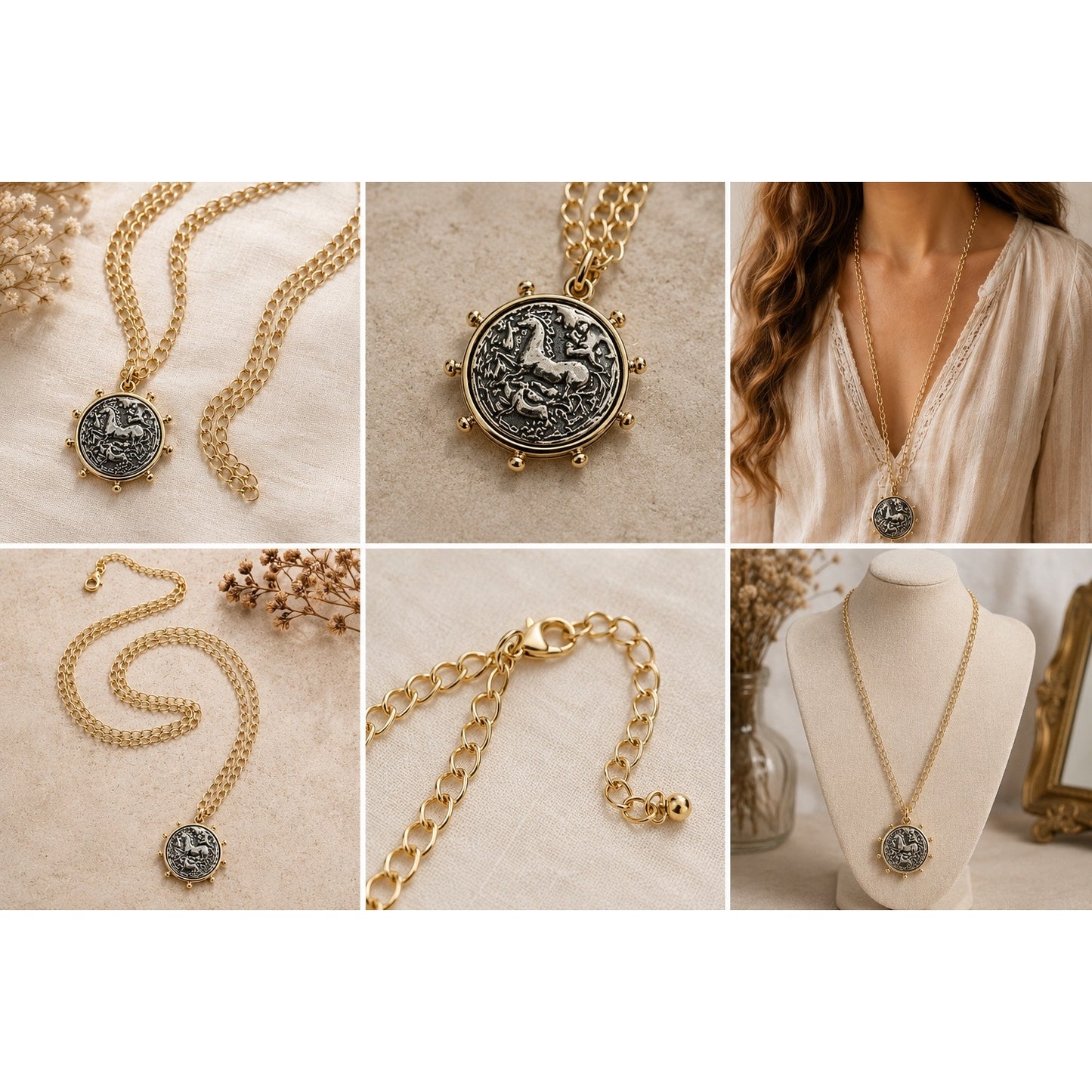 Equestrian Inspired Coin Pendant Necklace – 30” Adjustable Layering Chain