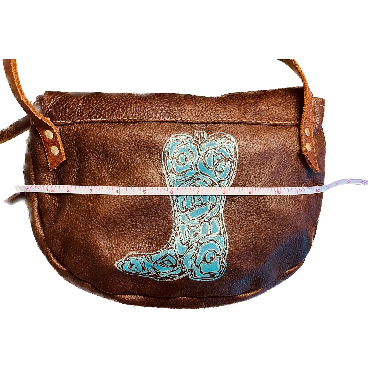 Leather crossbody handbag with painted floral cowboy boot in teal and silver. One of a kind with horse on front