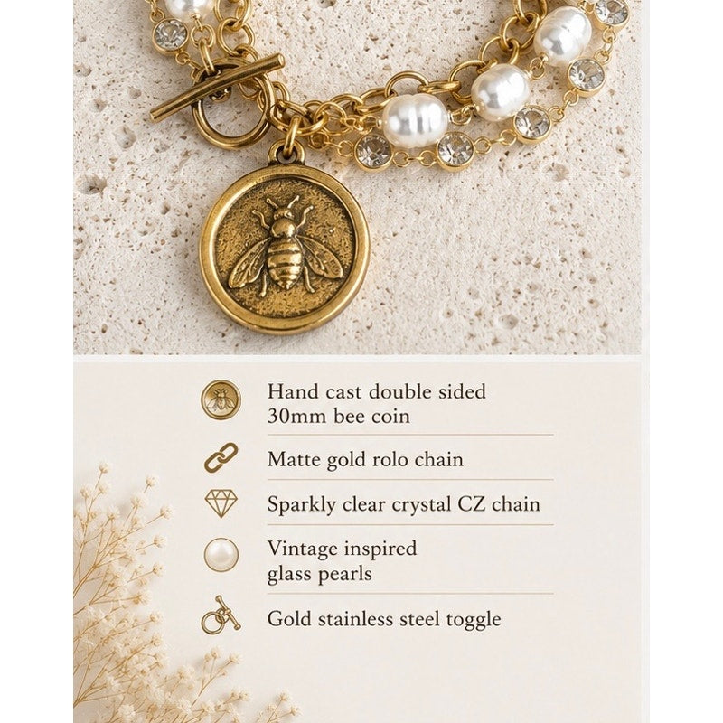 Bee Coin Triple Layered Bracelet | Vintage Pearl & Crystal | Boutique Statement
