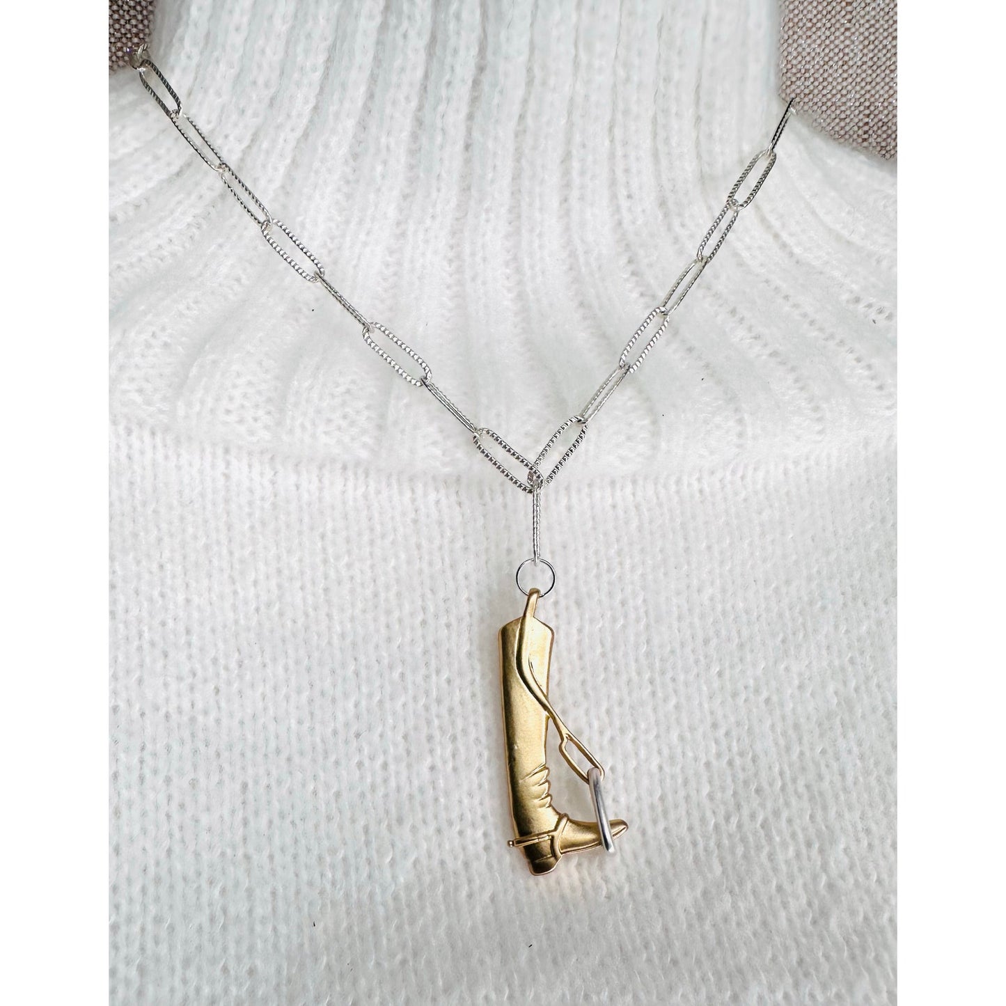 Handmade Equestrian Boot Necklace | Matte Gold & Silver | 16” Chain | Horse Lover Jewelry