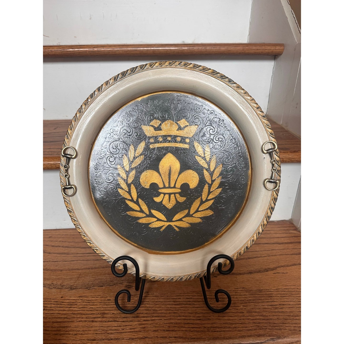 Upstyled Silver Serving Tray w/ Gunmetal Snaffle Bit Handles – Hand Painted Fleur-de-Lis | Equestrian Decor