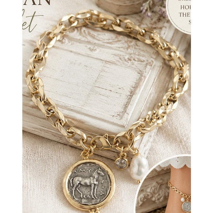 Equestrian Coin Anklet or Bracelet (adjustable) freshwater pearl, horse/greek