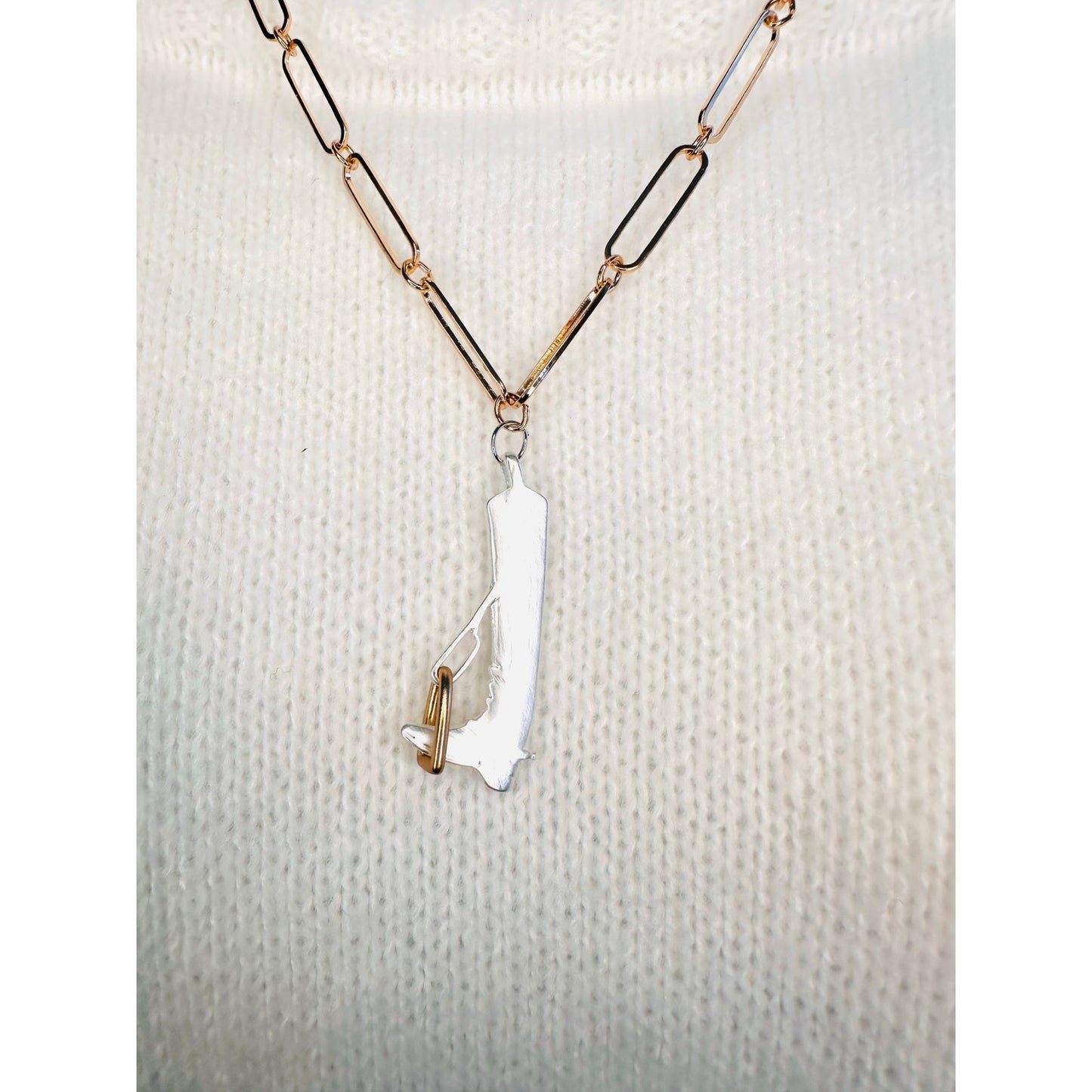 Silver and gold 22”(adjustable) equestrian boot and stirrup pendant