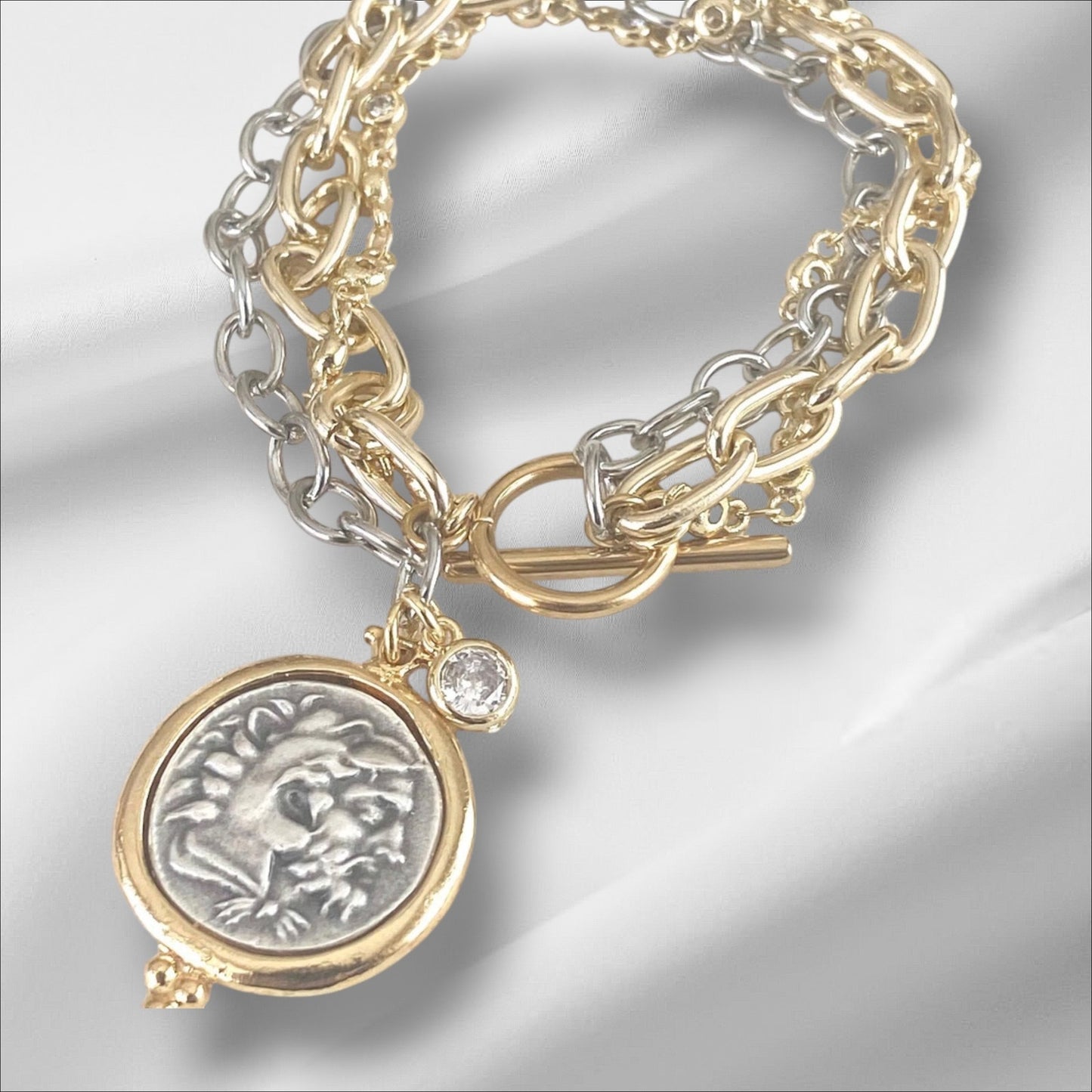 Triple Layer Greek Coin Bracelet, Horse Coin Charm, Mixed Metal Bracelet