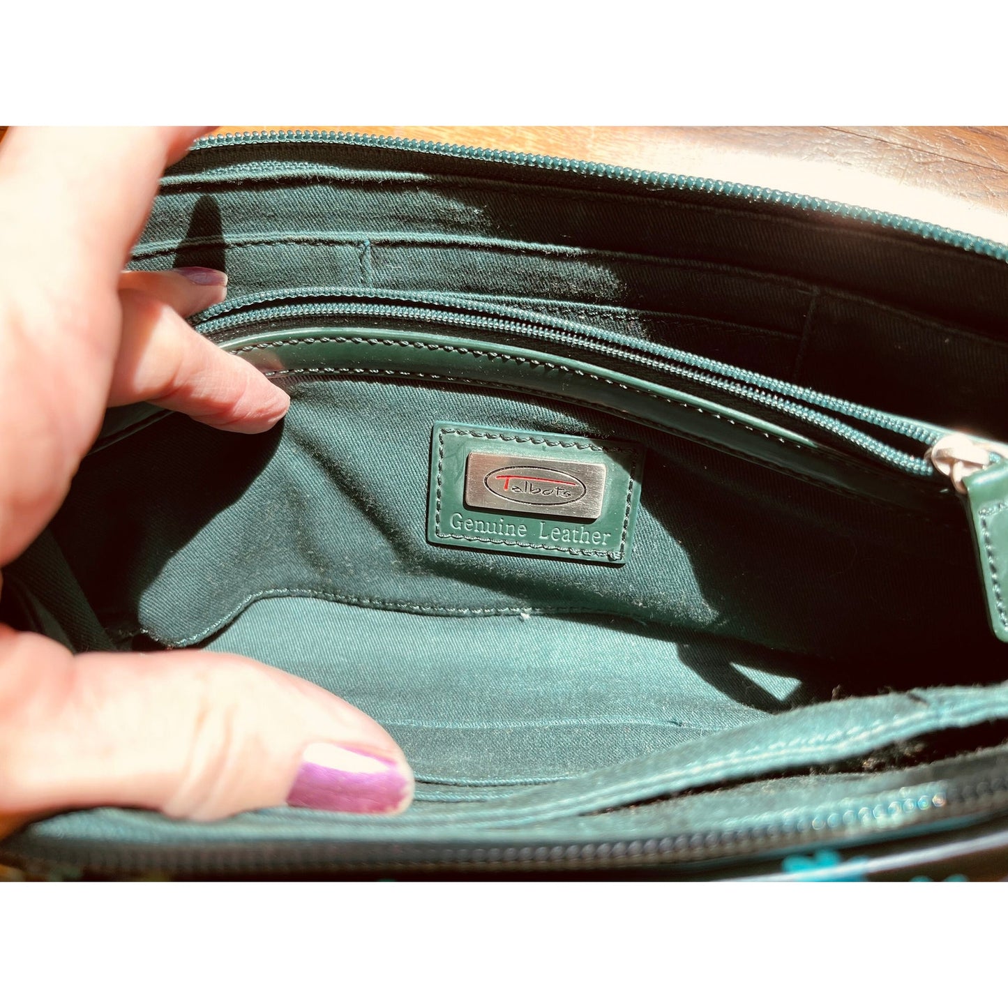 Talbots Genuine Leather heather green clutch hand painted one of a kind.