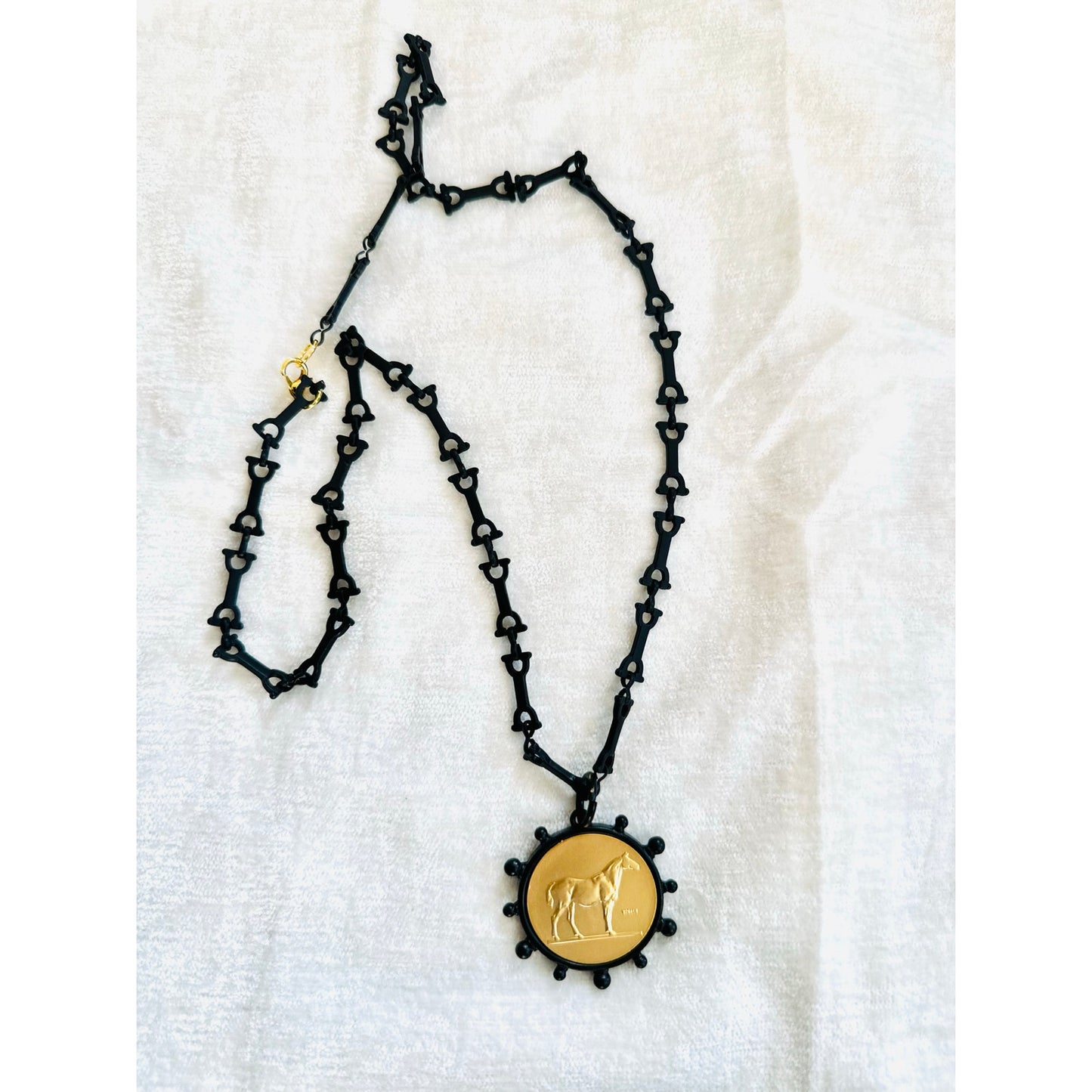 Black and Gold Intaglio Necklace 24” equestrian horse bit chain.  Stunning and beautiful
