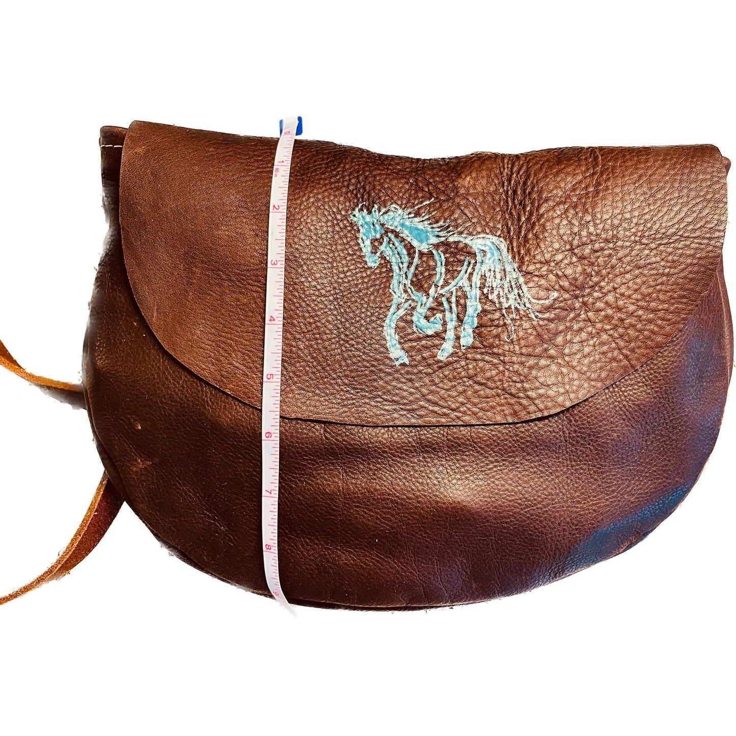 Leather crossbody handbag with painted floral cowboy boot in teal and silver. One of a kind with horse on front