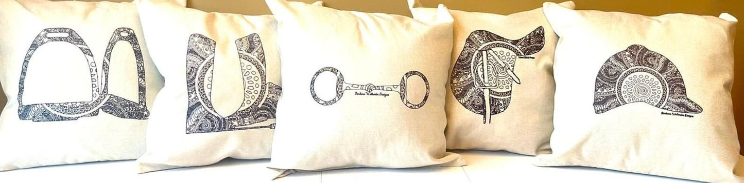 The More Leg Collection Throw Pillow features saddle, bit,irons, helmet, boots on beige linen look pillow. 16 x 16 cover only