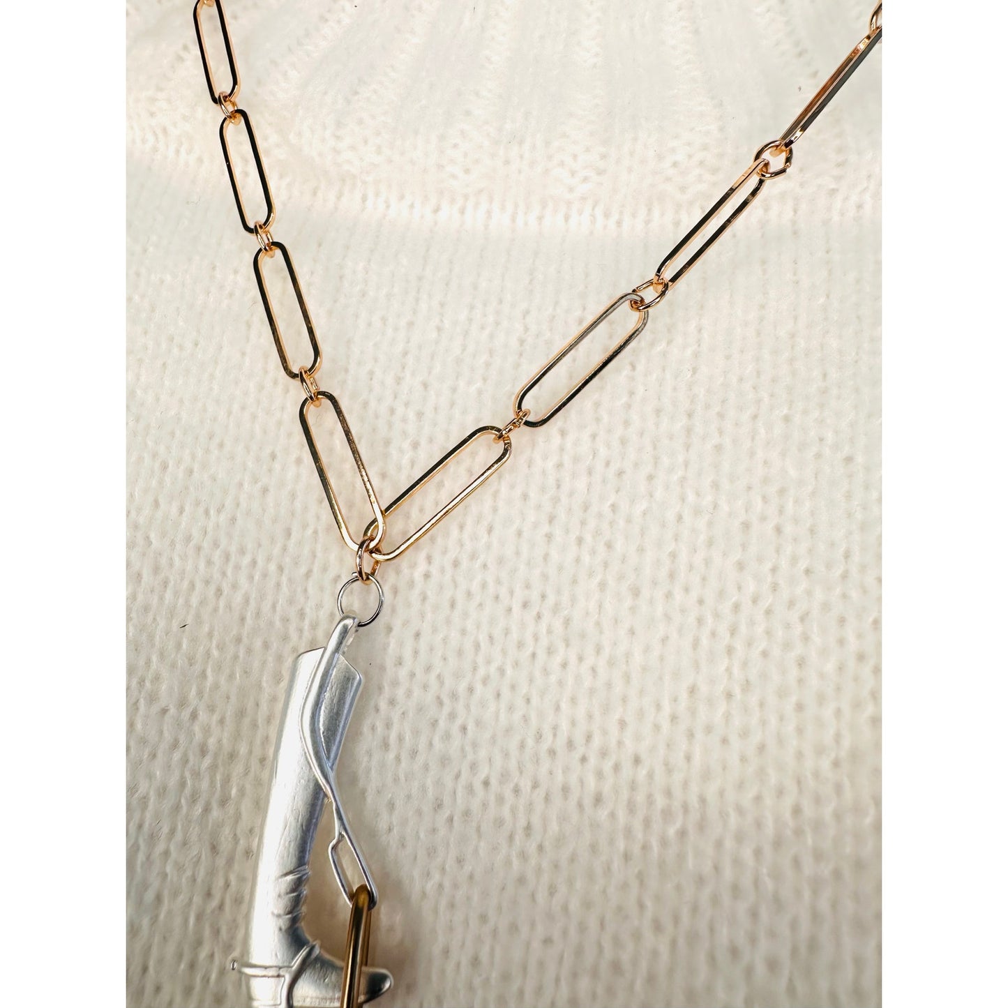 Silver and gold 22”(adjustable) equestrian boot and stirrup pendant