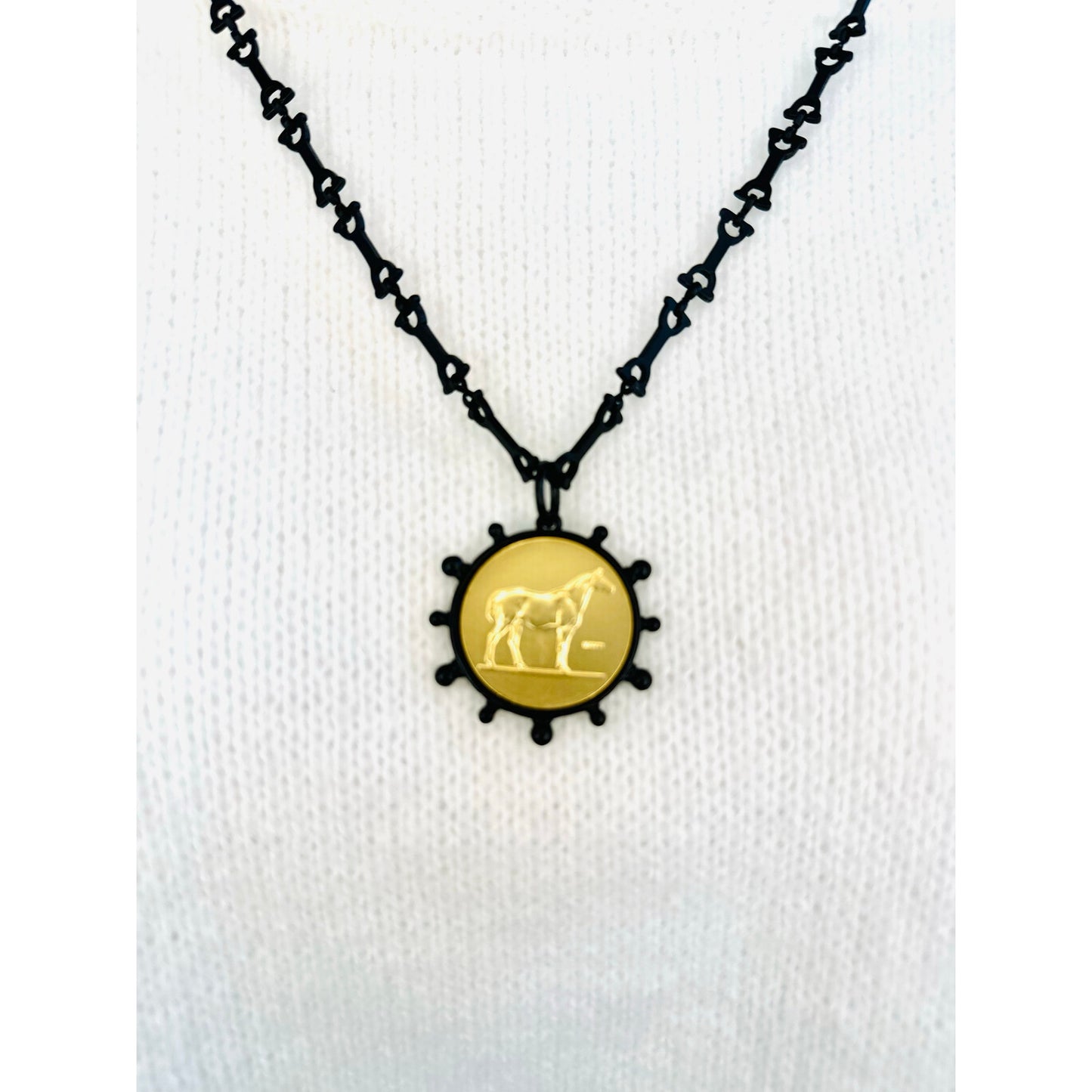 Black and Gold Intaglio Necklace 24” equestrian horse bit chain.  Stunning and beautiful