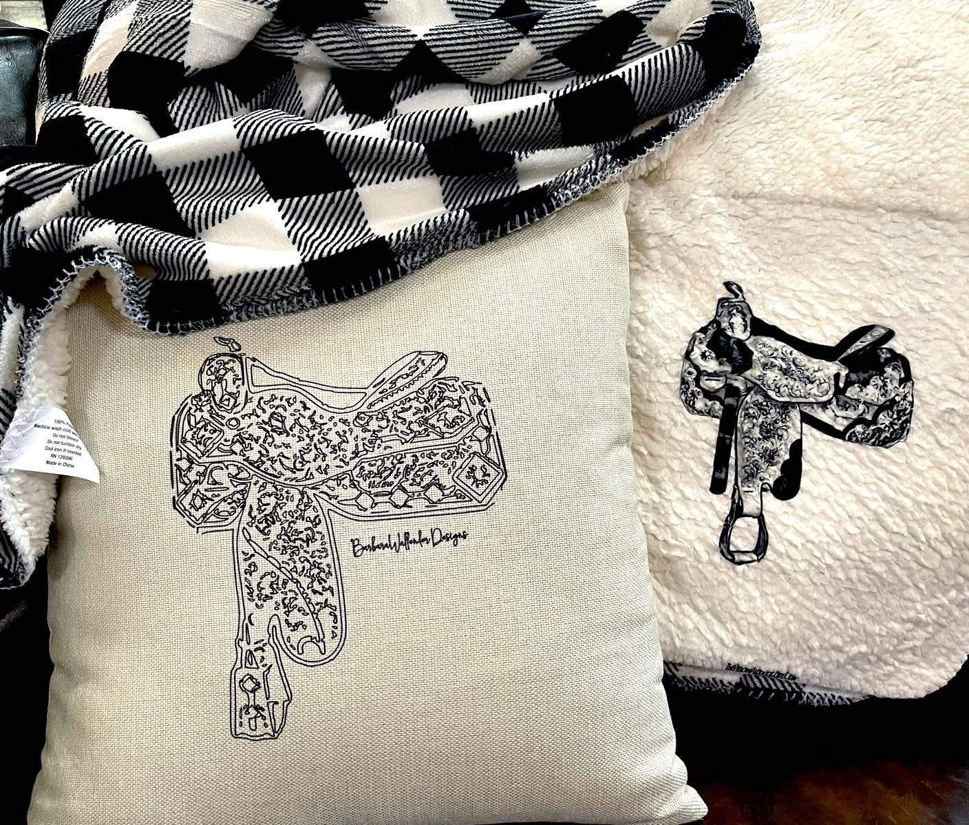 Black and white Buffalo checkered horse lovers throw blanket in velour and fleece for all equestrians. Custom 50 x 60 western,English,ranch.