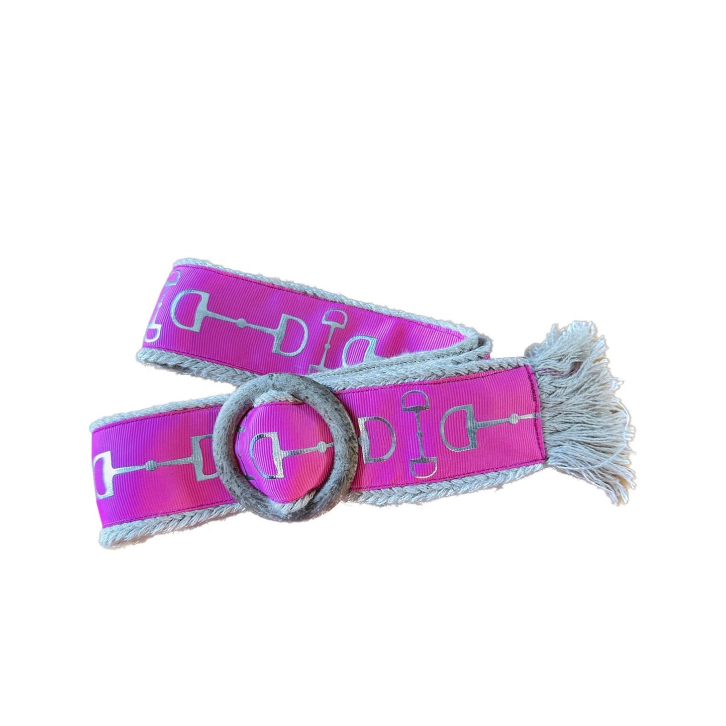 Pink Hunt Seat Equestrian preppy belt, adjustable with silver bits applied to the ribbon. One of a kind