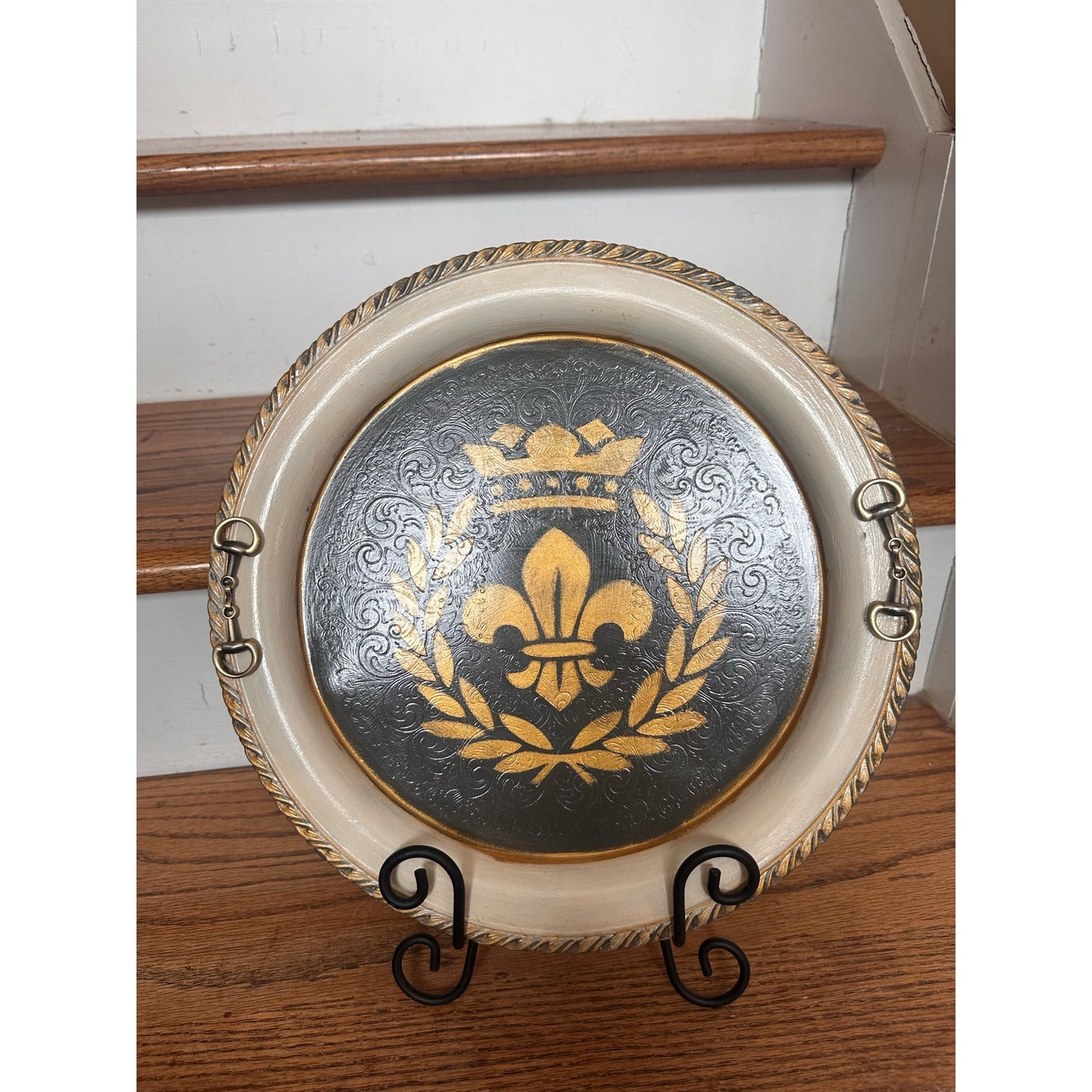 Upstyled Silver Serving Tray w/ Gunmetal Snaffle Bit Handles – Hand Painted Fleur-de-Lis | Equestrian Decor