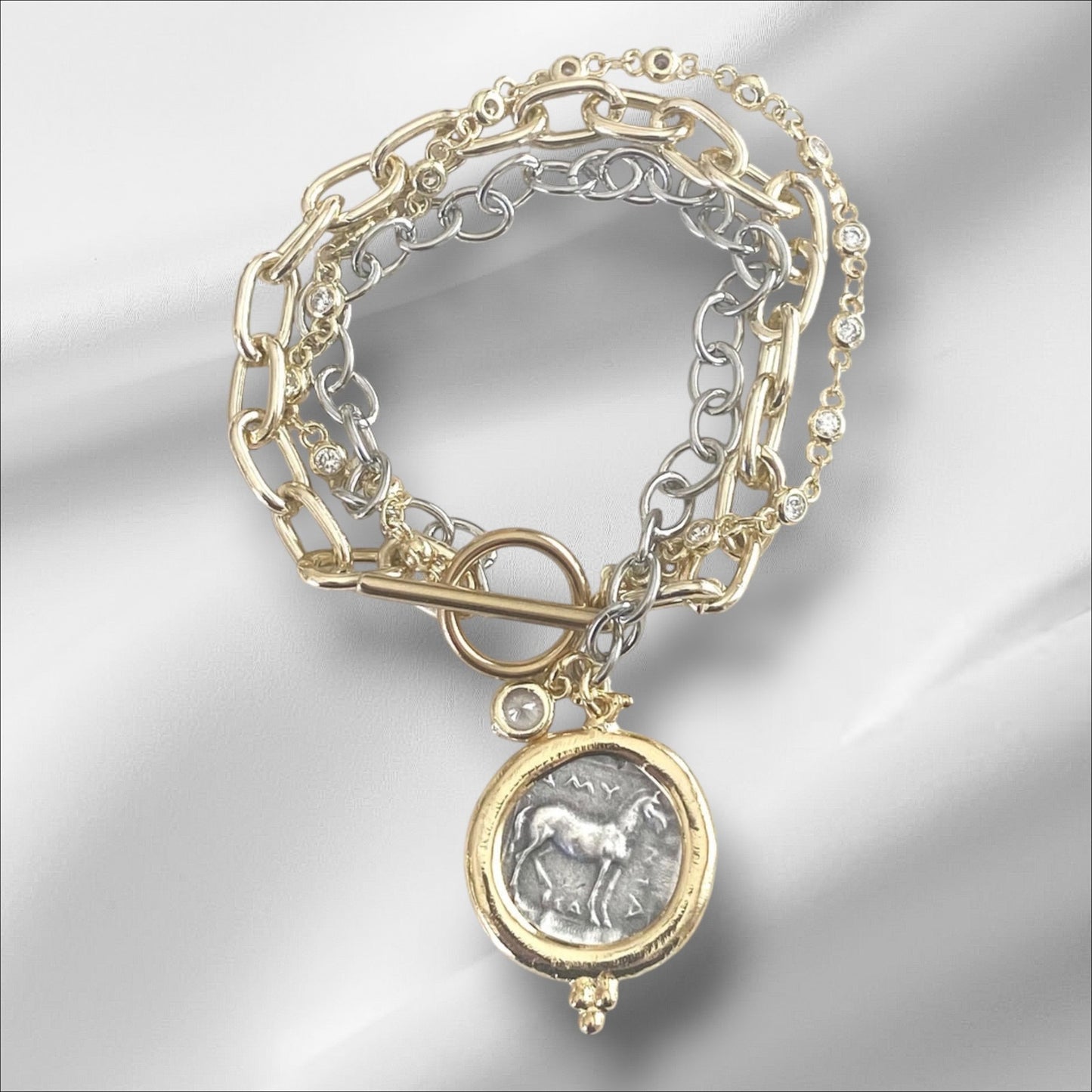 Triple Layer Greek Coin Bracelet, Horse Coin Charm, Mixed Metal Bracelet