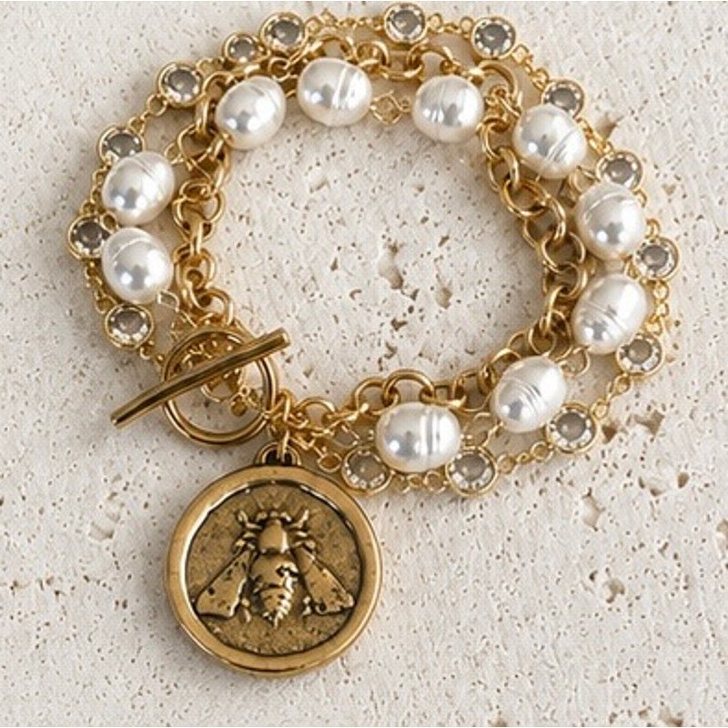 Bee Coin Triple Layered Bracelet | Vintage Pearl & Crystal | Boutique Statement