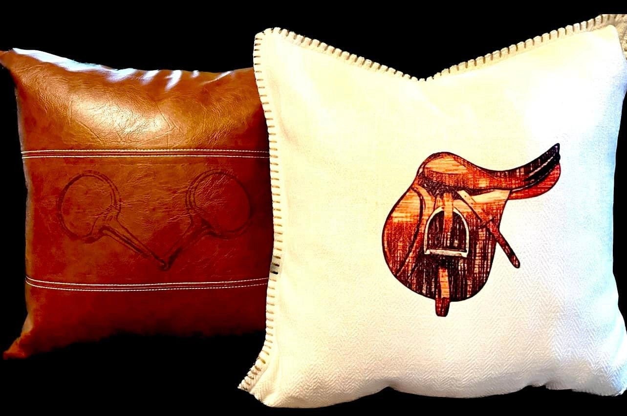 The Trifecta Collection of Boho Brown Faux Leather Throw Pillow with Snaffle Bit  and Hand Stitched 18 x 18