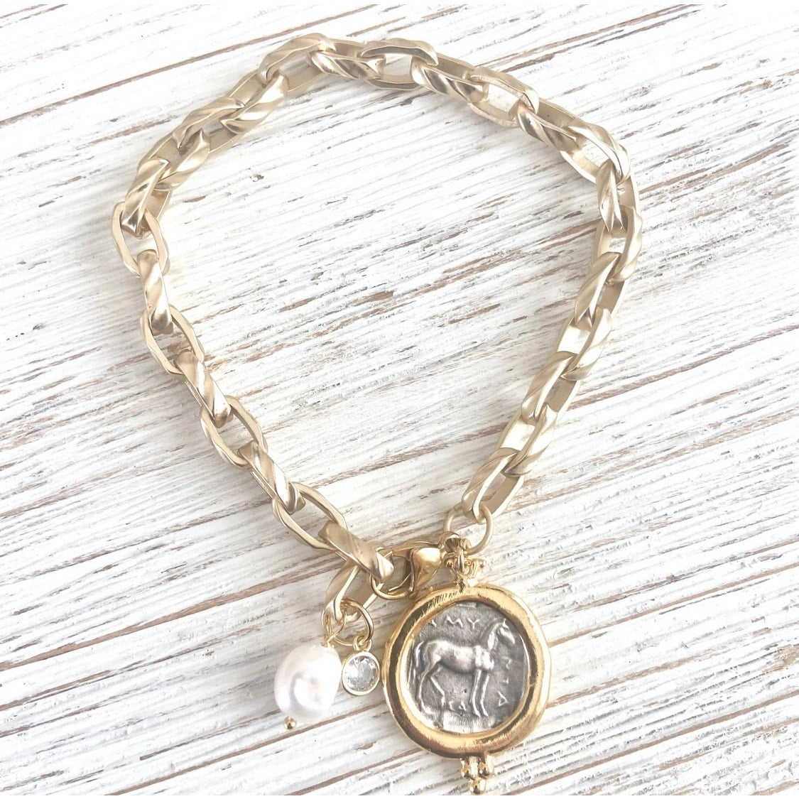 Equestrian Coin Anklet or Bracelet (adjustable) freshwater pearl, horse/greek
